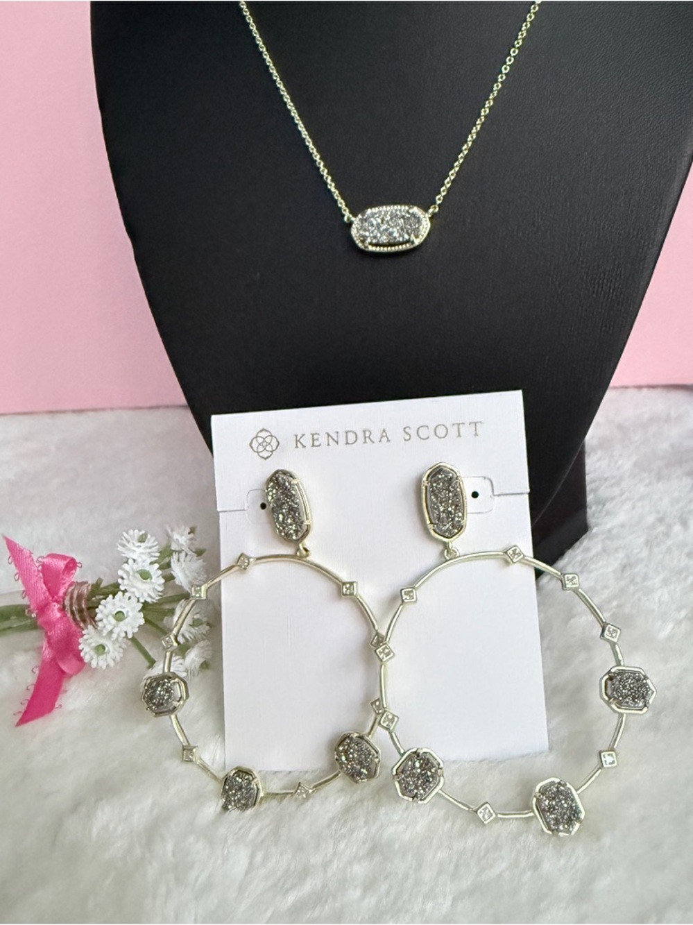 Kendra Scott Gold-toned Hoop Earrings and Matching Necklace Druzy Stone Accents.